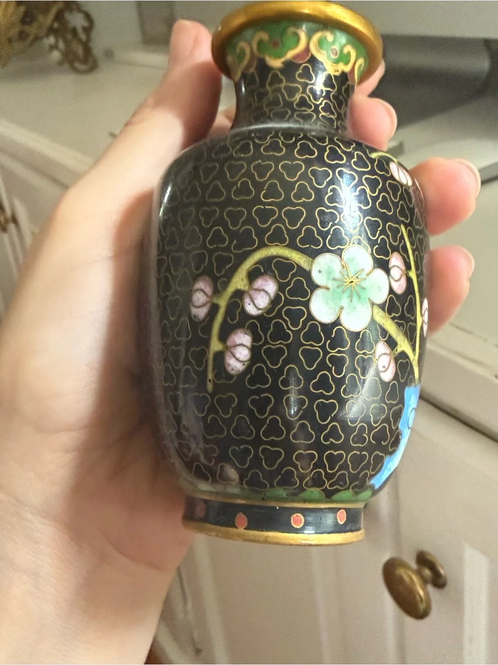 Vintage Black Cloisonné Floral Mini Vases - Pair mirrored - Picture 5 of 6